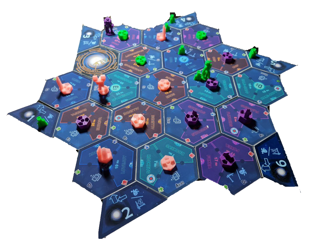 Neutronium: Parallel Wars game board with colorful hex tiles and miniatures